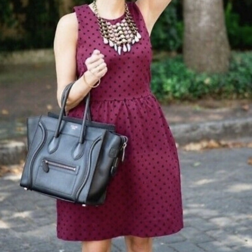 J.Crew Factory Burgundy Ponte Dress With Flocked Black Velvet Polka Dots